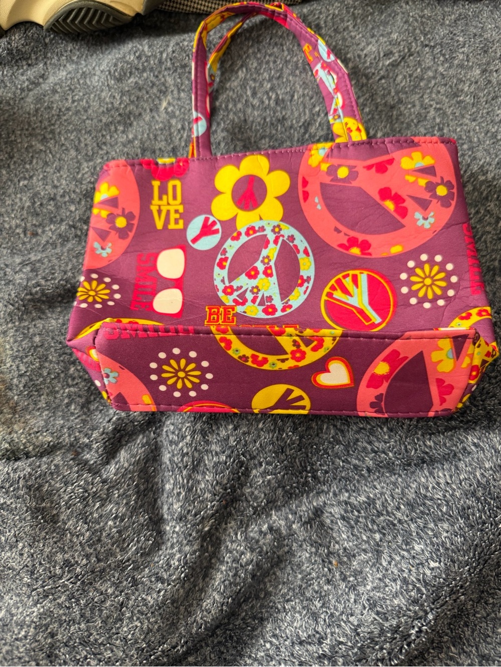 Vintage Multi-Color Peace Sign & Flower Print Mini Tote Bag